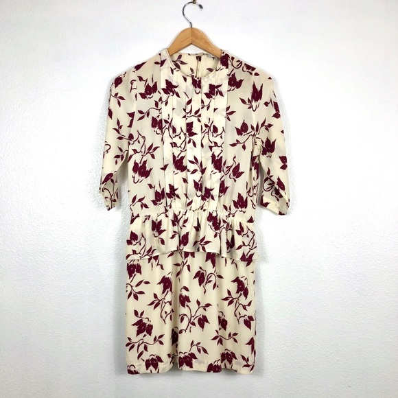 GANNI Pleated Crepe Ivory Floral Viscose Dress - Picture 5 of 14